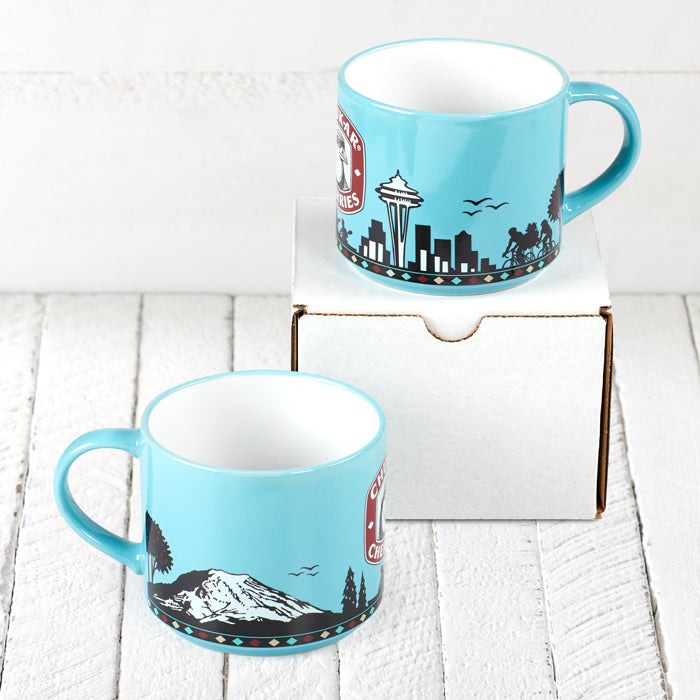 Chukar Souvenir Mug; 2 views showing handle on left and right perspectives