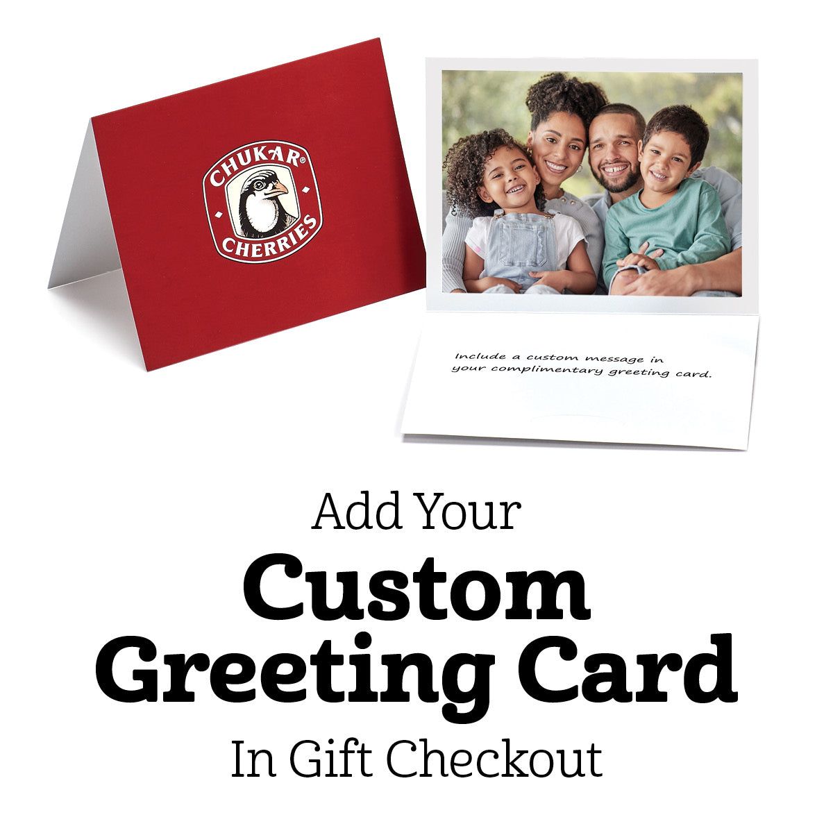 Greeting card with image of family of four close-up with kids sitting in front of parents