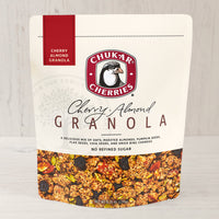 Cherry almond granola in closed stay fresh zip bag