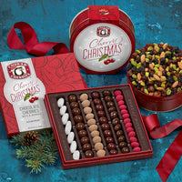 Cherry christmas tower shows opened original assortment and no sugar added triple cherry nut tin
