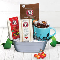 Fathers day cherry quartet box, honey pecans bag, triple cherry nut box, and seattle souvenir mug in keepsake tin basket