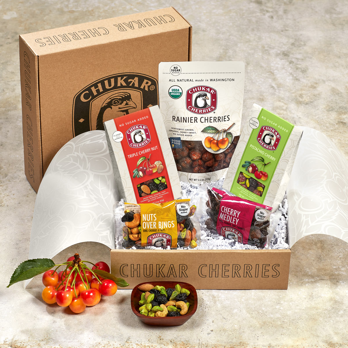Organic rainier cherries, pistachio cherry, cherry medley, nuts over bings, and triple cherry nut.