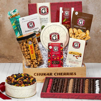 Chukar choice crate packed with cherry caramel twists, no sugar added rainier cherries, grand assortment, ultra dark chocolate black forest cherries, milk chocolate honey pecans, triple cherry nut tin, cherry almond biscotti, and more