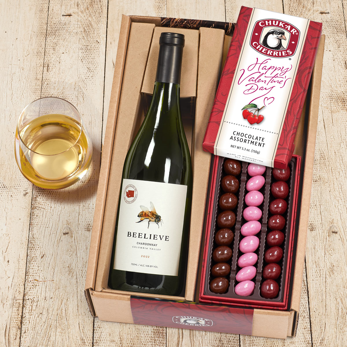 Valentine Wine & Chocolate Pairing with open assortment box