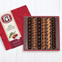 Six row dark chocolate original assortment filled with chocolate covered cherries and nuts