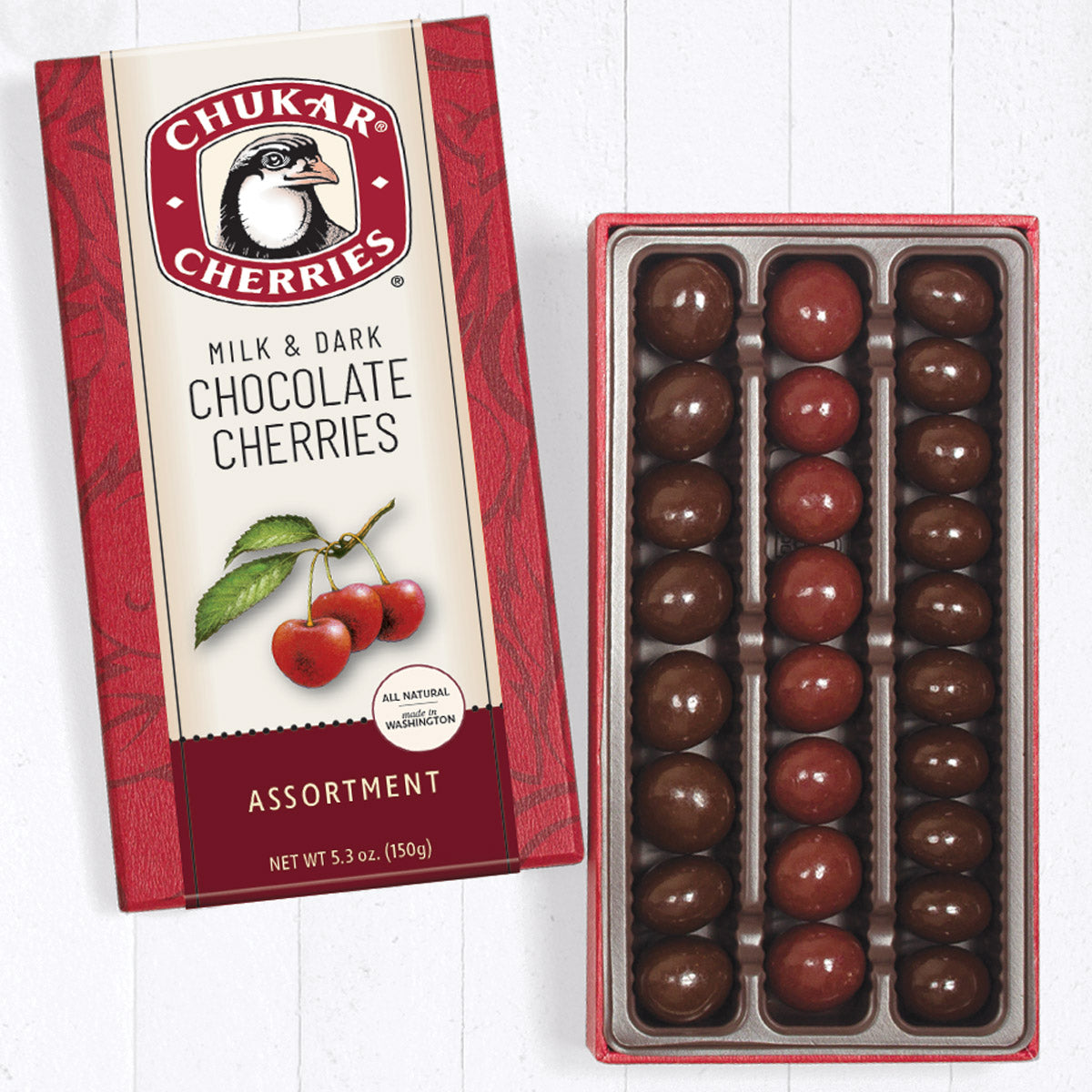 Three row chocolate cherry classic assortment filled with milk and dark chocolate covered cherries