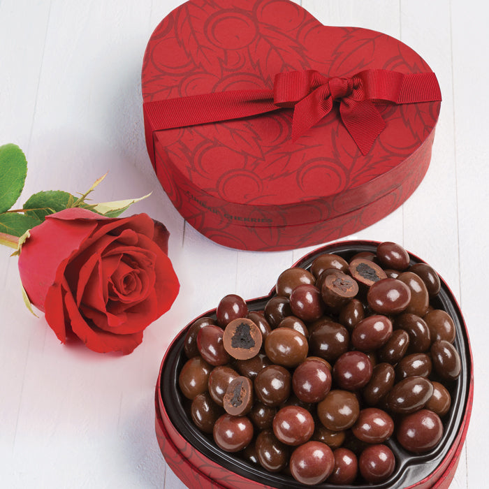 Open cherry quartet heart box with lid and red rose