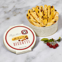Open cream gift tin showing biscotti cookies 