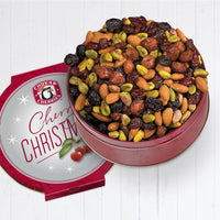 Open cherry christmas triple cherry nut tin showing naturally dried bing, rainier, and tart cherries mixed with dry roasted almonds and pistachios