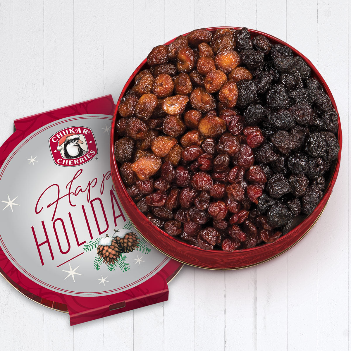 Open happy holidays three cherry classic gift tin