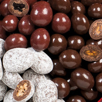 Close up of holiday chocolate cherry and pecan gift tin