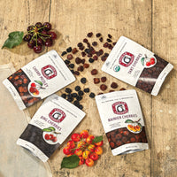 Bags with spills of bing, rainier, and tart cherries, and cherry medley