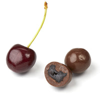 Fresh cherry and cross-section of chocolate covered dried cherry