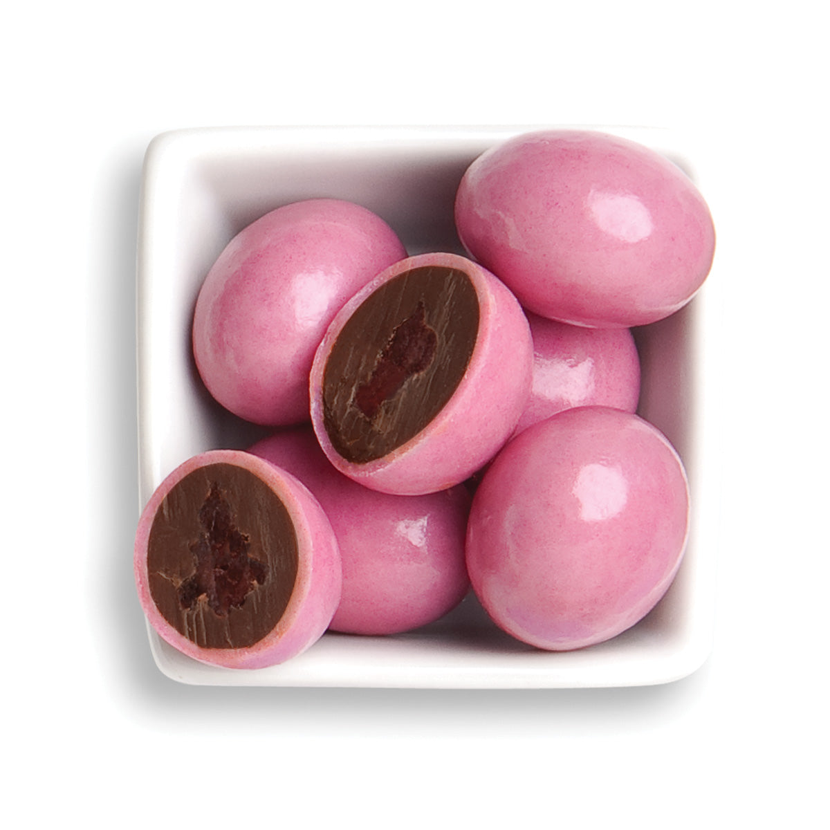 Cut chocolate cherry blossoms in white bowl