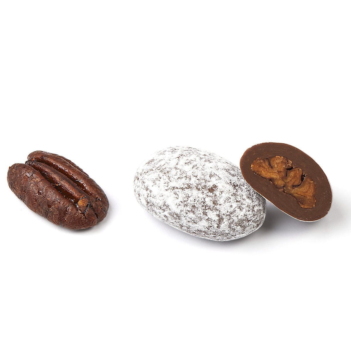 Honey roasted pecan and cross-section of chocolate covered pecan