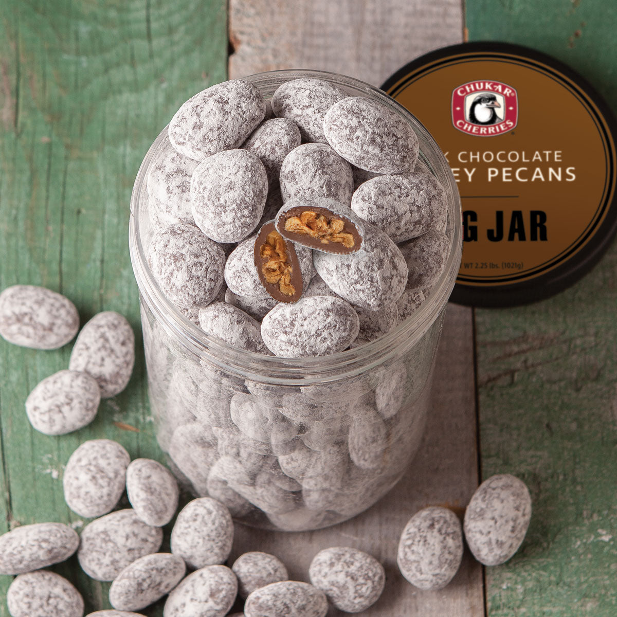 Open milk chocolate honey pecans big jar
