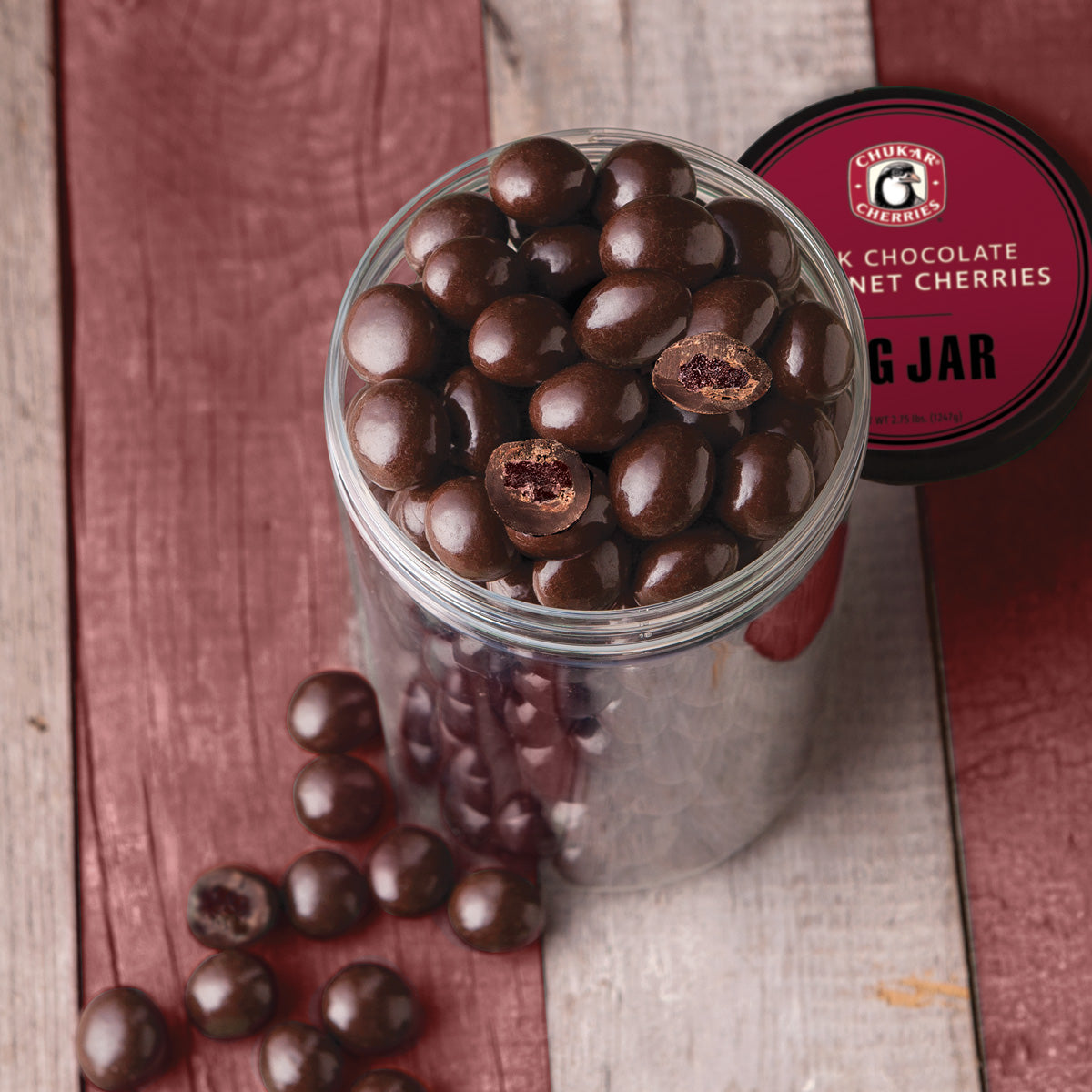 Open big jar of cabernet cherries