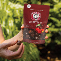 Cherry trio bag and single cherry being held by hands