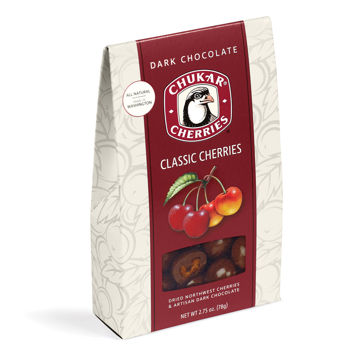 A closed box of Classic Dark chocolate cherries