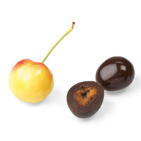 Fresh cherry and cross-section of chocolate covered dried cherry