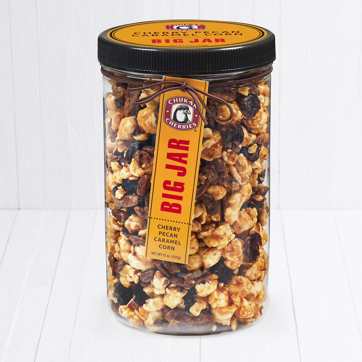 Cherry pecan caramel corn in closed big jar