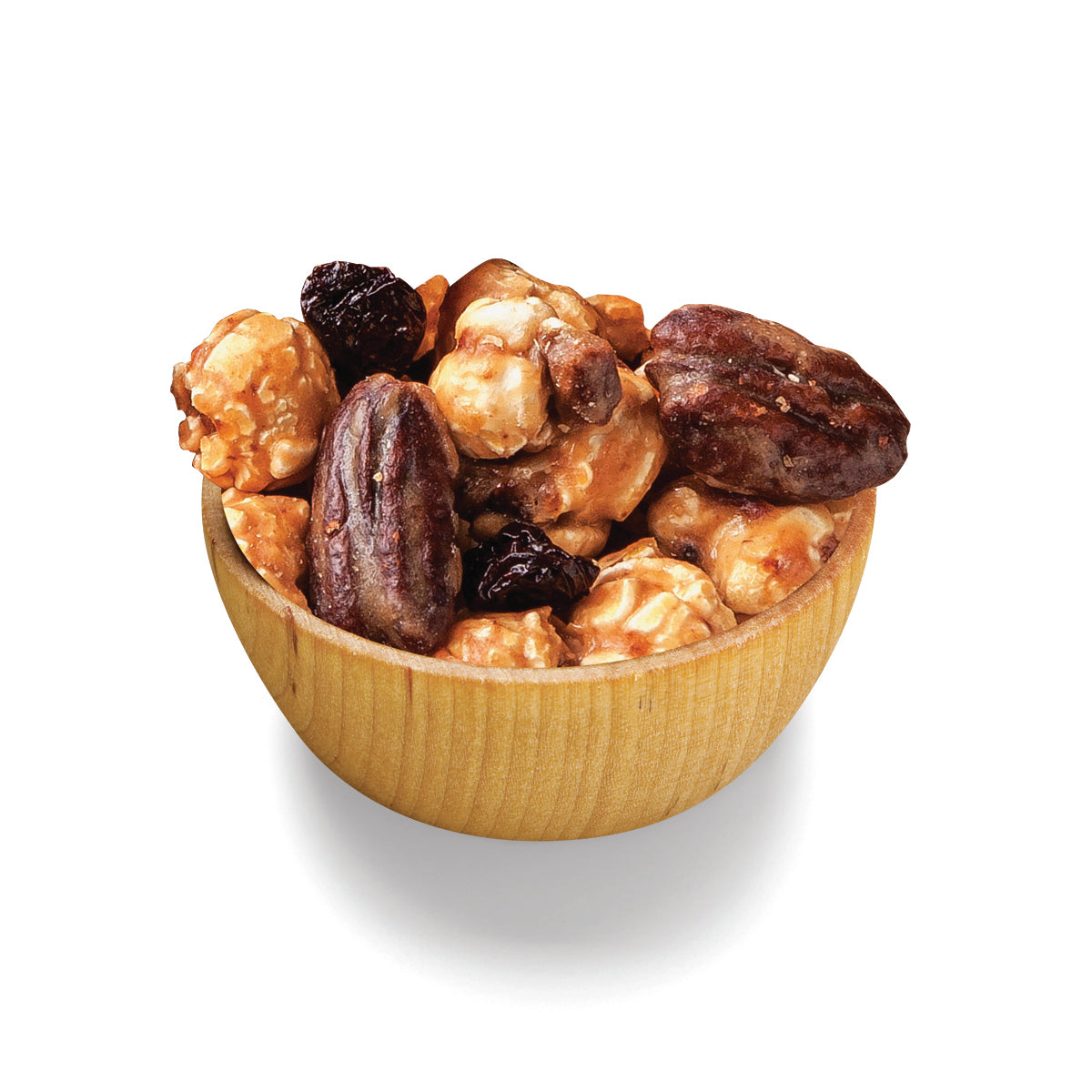 Cherry pecan caramel corn in small wooden bowl