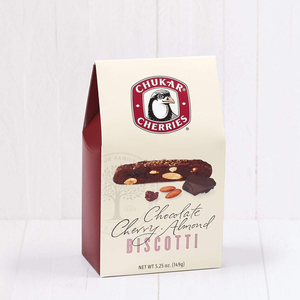 Closed chocolate cherry almond biscotti box