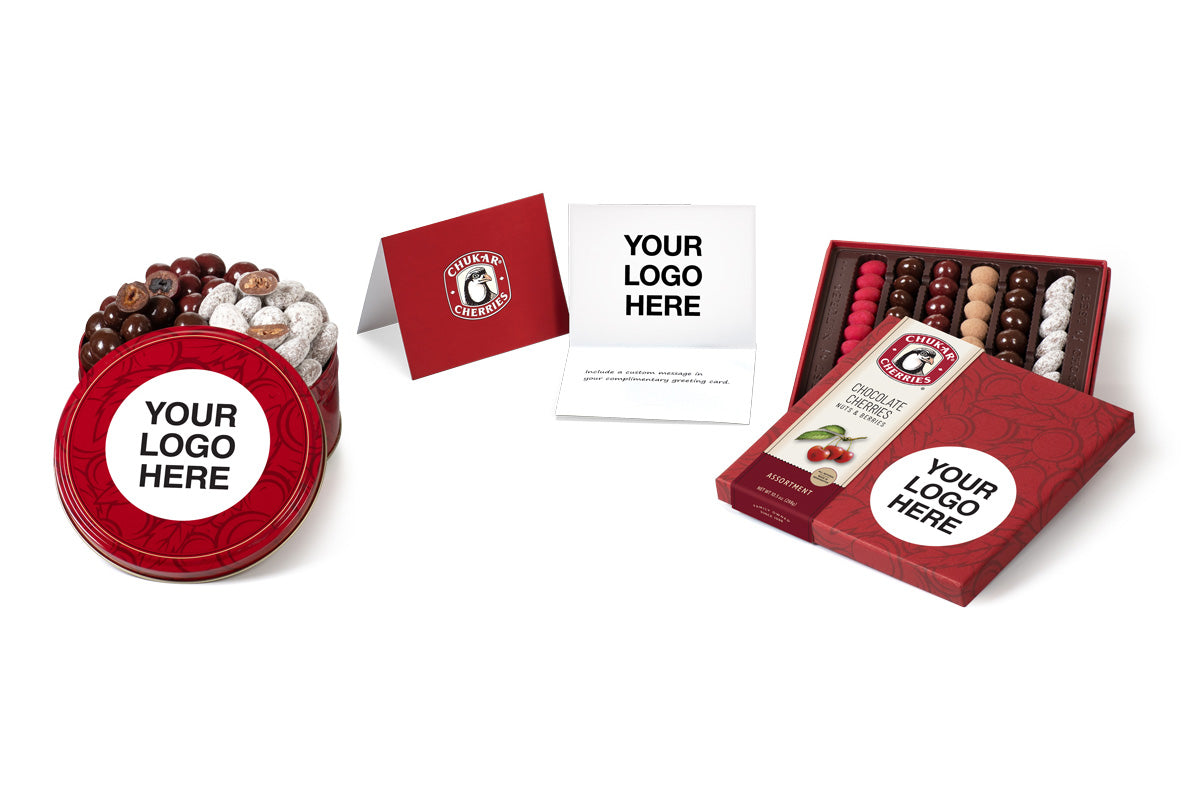 Chocolate covered cherries and nuts with customizable logo labels on a white background