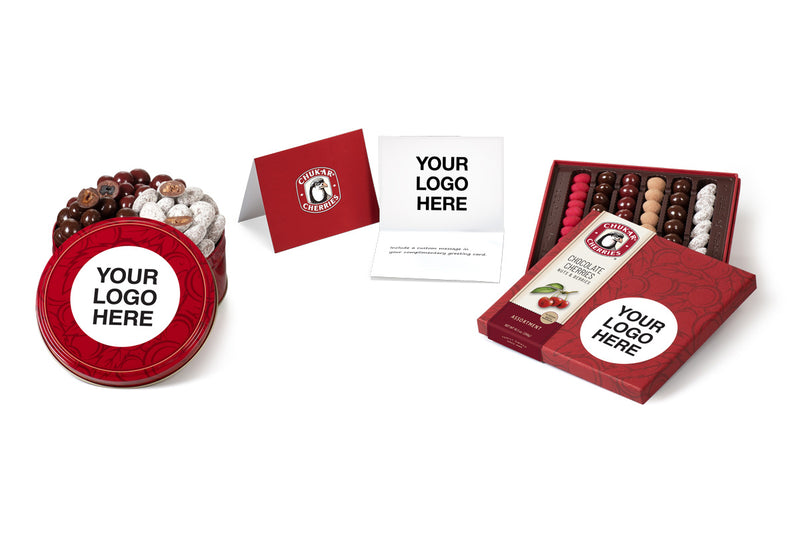Chocolate covered cherries and nuts with customizable logo labels on a white background