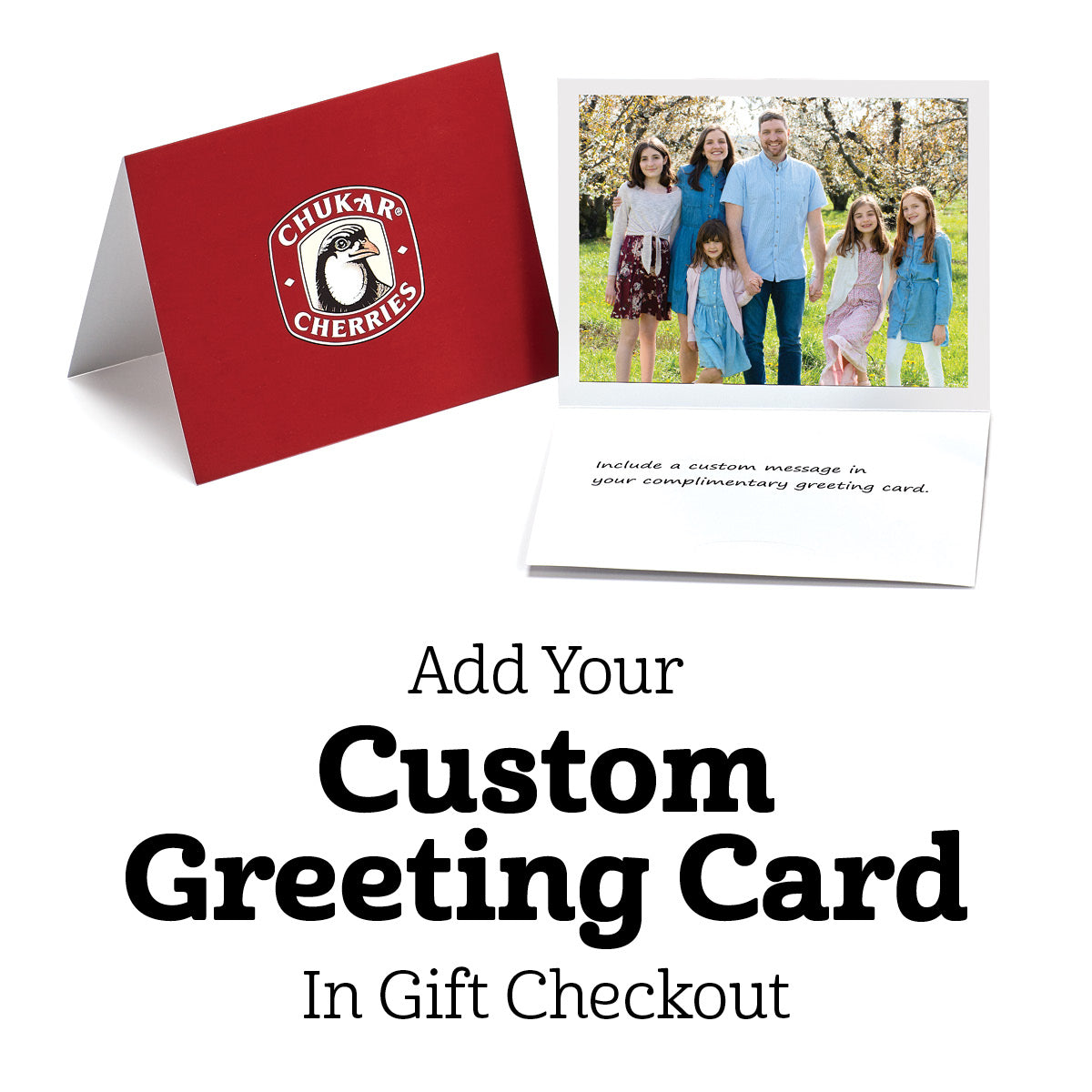 Complimentary greeting card example with image of family of six in orchard