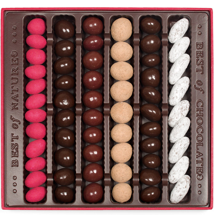 Detail view of chocolate assortment tray