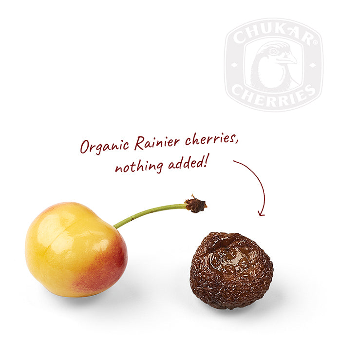 Fresh organic rainier cherry and dried organic rainier cherry