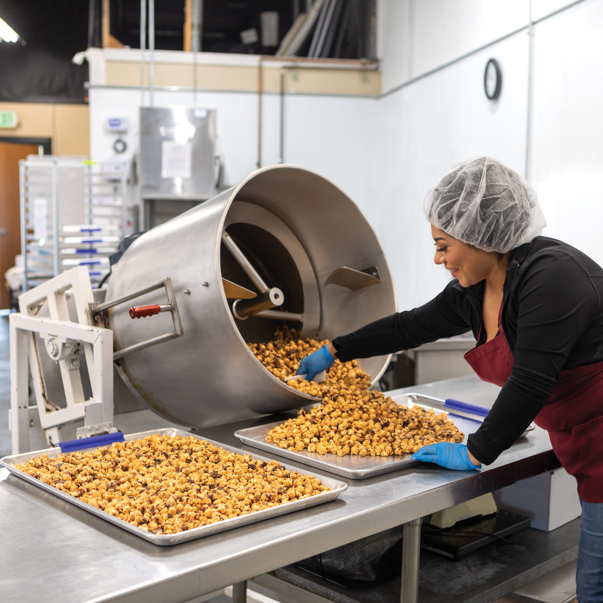 Production of cherry pecan caramel corn in Chukar's kitchen in Prosser, Washington