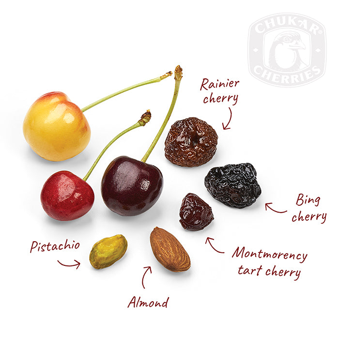 Fresh and dried rainier, bing, and montmorency tart cherries with roasted pistachio and almond